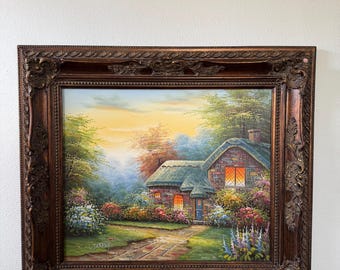 Vintage C. Jaffey Original Oil Painting – Cottage Garden Landscape in Ornate Frame