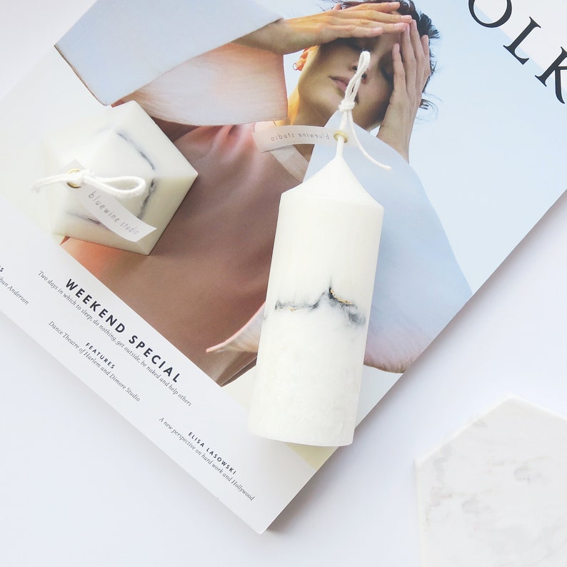 Marble Candle Modern Pillar Palm Wax Candle Minimal Luxury Etsy