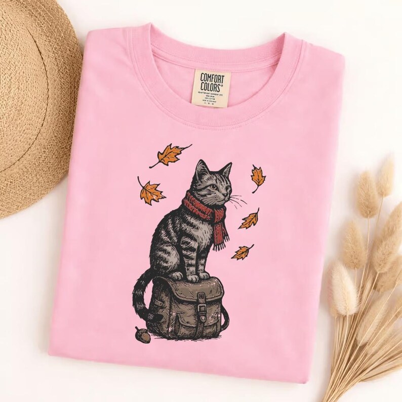 Comfort Colors Cute Autumn Cat Sweatshirt, Cozy Fall Kitty with Red Scarf, Falling Leaves Pullover, Whimsical Seasonal Cat Lover Gift image 8