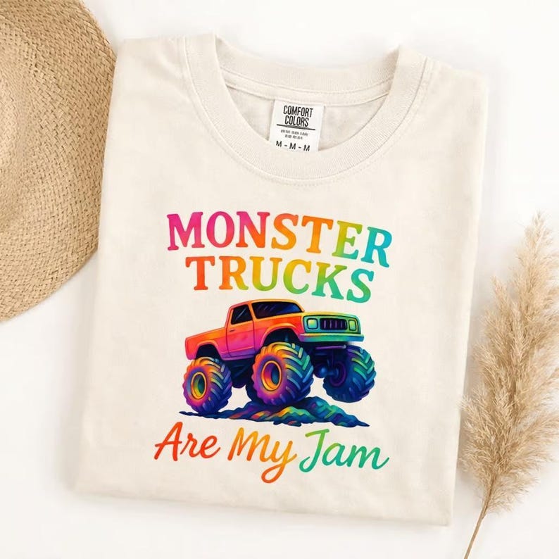 Comfortkleuren Monster Trucks Are My Jam T-shirt, retro vintage T-shirt, Big Wheels Racing verjaardagscadeau voor kinderen en volwassenen afbeelding 1