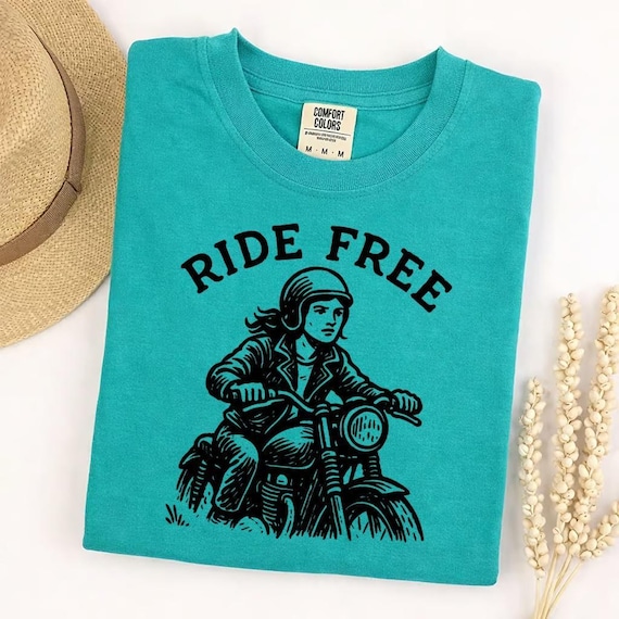 Comfort Colors Ride Free Motorcycle Shirt, Biker Graphic Tee, Vintage Rider T-Shirt, Open Road Freedom Apparel, Women's Motorcycle Top