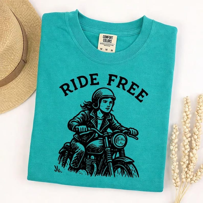 Comfort Colors Ride Free Motorcycle Shirt, Biker Graphic Tee, Vintage Rider T-Shirt, Open Road Freedom Apparel, Women's Motorcycle Top image 1