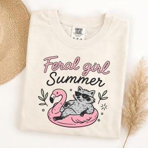 Comfort Colors Feral Girl Summer T-Shirt, Funny Raccoon Flamingo Floatie Tee, Summer Vacation Shirt, Beach Trip, Wildlife Lover Gift