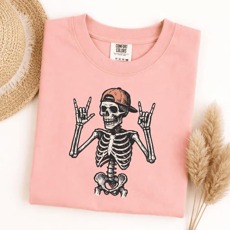 Comfort Colors Rock And Roll Skeleton T-Shirt, Skeleton Hand Rock On Tee, Rocker Skull Cap Shirt, Music Lover Gift, Halloween Concert Tee image 6