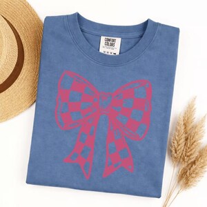 Comfort Colors checkered bow t-shirt, cute graphic tee, trendy bow shirt, aesthetic gift for her, soft vintage style, casual everyday top image 5