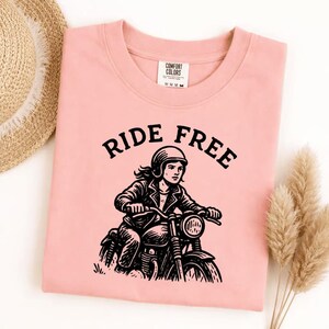 Comfort Colors Ride Free Motorcycle Shirt, Biker Graphic Tee, Vintage Rider T-Shirt, Open Road Freedom Apparel, Women's Motorcycle Top image 9