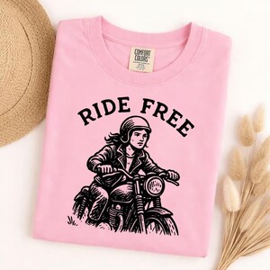 Comfort Colors Ride Free Motorcycle Shirt, Biker Graphic Tee, Vintage Rider T-Shirt, Open Road Freedom Apparel, Women's Motorcycle Top image 6