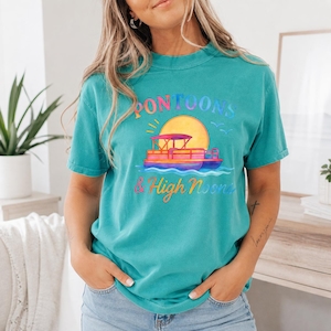 Comfort Colors Pontoons & High Noons T-Shirt, Lake Life Tee, Boat Day Shirt, Summer Vacation, Boating Gift, River Trip, Beachy Vibes image 1