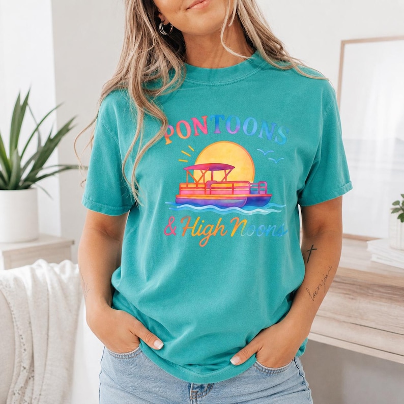 Comfort Colors Pontoons & High Noons T-Shirt, Lake Life Tee, Boat Day Shirt, Summer Vacation, Boating Gift, River Trip, Beachy Vibes image 1