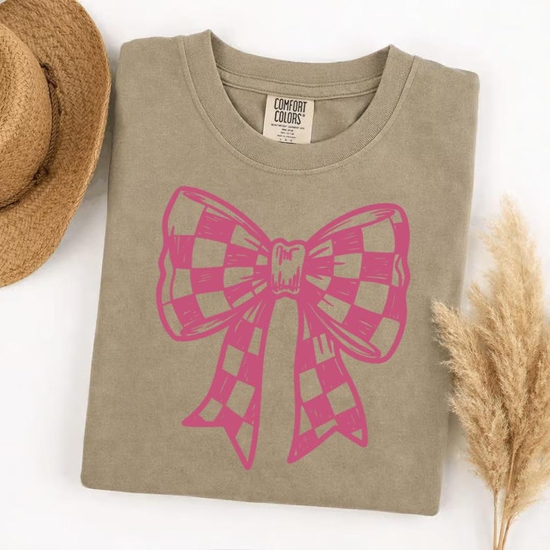 Comfort Colors checkered bow t-shirt, cute graphic tee, trendy bow shirt, aesthetic gift for her, soft vintage style, casual everyday top image 4