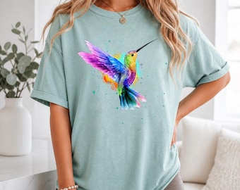 Hummingbird Watercolor T-Shirt - Nature Bird Lover Tee, Boho Wildlife Graphic Shirt, Birthday Gift for Her, Trendy Vacation Top
