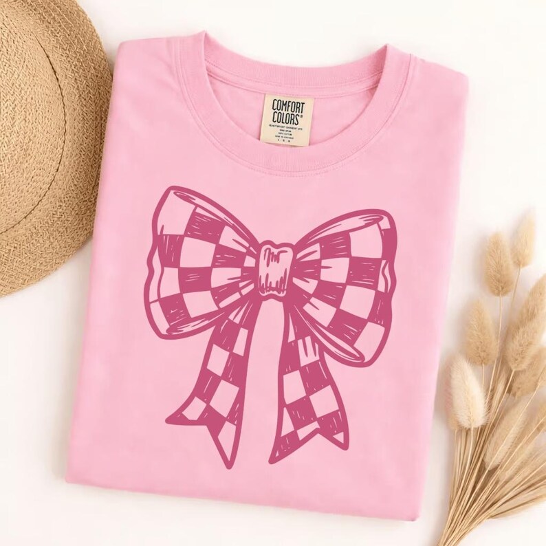 Comfort Colors checkered bow t-shirt, cute graphic tee, trendy bow shirt, aesthetic gift for her, soft vintage style, casual everyday top image 7