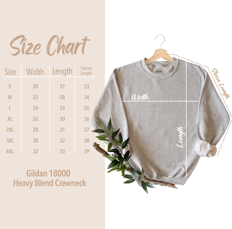 May include: Size chart for a Gildan 18000 Heavy Blend Crewneck sweatshirt. The chart shows the size, width in inches, length in inches, and sleeve length in inches.