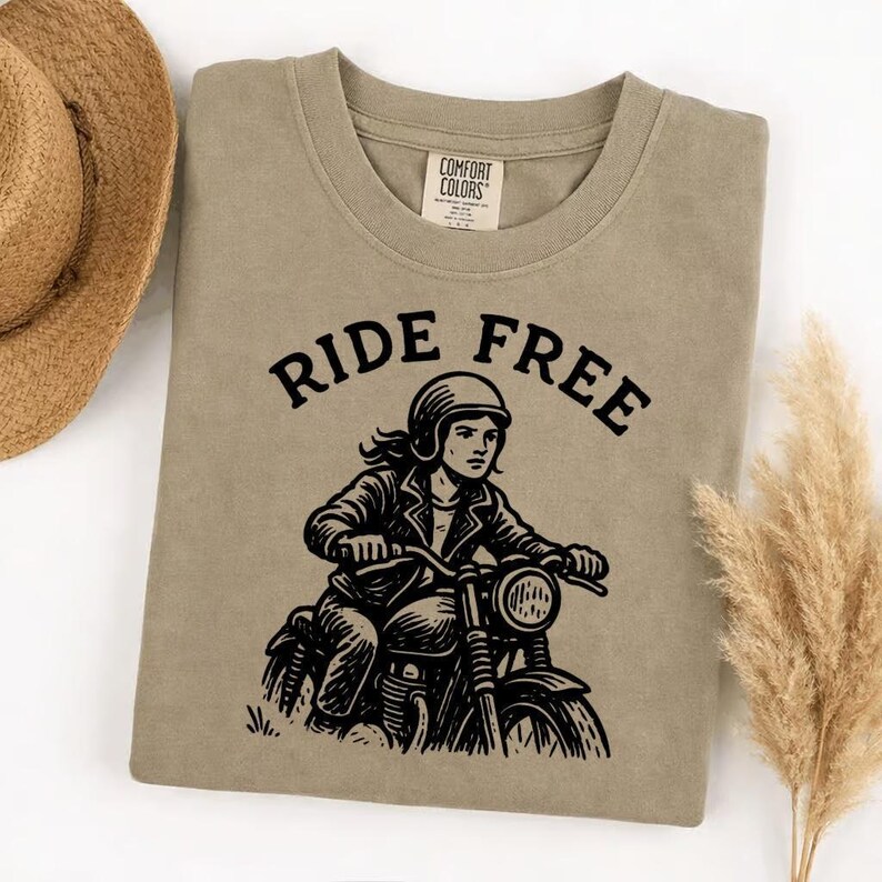 Comfort Colors Ride Free Motorcycle Shirt, Biker Graphic Tee, Vintage Rider T-Shirt, Open Road Freedom Apparel, Women's Motorcycle Top image 5