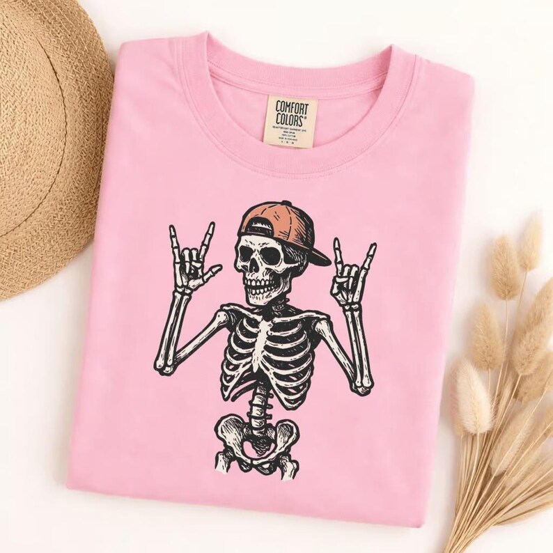 Comfort Colors Rock And Roll Skeleton T-Shirt, Skeleton Hand Rock On Tee, Rocker Skull Cap Shirt, Music Lover Gift, Halloween Concert Tee image 8