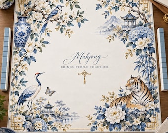 Mahjong Mat | Floral Animal Mahjong Table Mat | Tiger Mahjong Game Mat | Mahjong Gift for Game Night