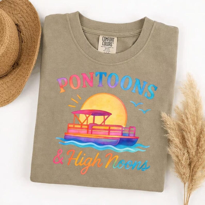Comfort Colors Pontoons & High Noons T-Shirt, Lake Life Tee, Boat Day Shirt, Summer Vacation, Boating Gift, River Trip, Beachy Vibes image 4