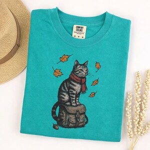 Comfort Colors Cute Autumn Cat Sweatshirt, Cozy Fall Kitty with Red Scarf, Falling Leaves Pullover, Whimsical Seasonal Cat Lover Gift image 9