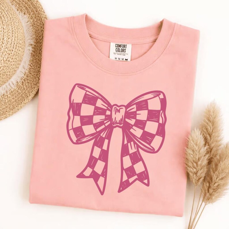 Comfort Colors checkered bow t-shirt, cute graphic tee, trendy bow shirt, aesthetic gift for her, soft vintage style, casual everyday top image 8
