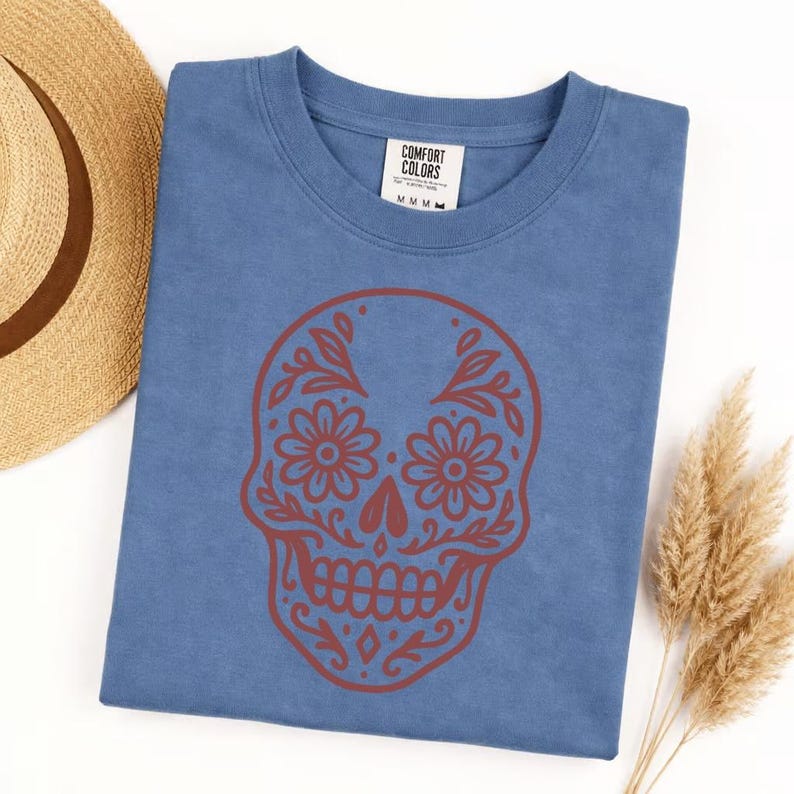 Comfort Colors Sugar Skull T-Shirt, Dia de los Muertos Floral Skull Tee, Day of the Dead Calavera Graphic Shirt, Mexican Fiesta Gift image 9