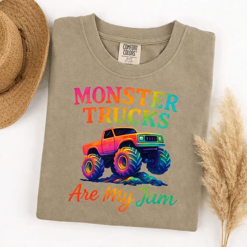 Comfortkleuren Monster Trucks Are My Jam T-shirt, retro vintage T-shirt, Big Wheels Racing verjaardagscadeau voor kinderen en volwassenen afbeelding 5