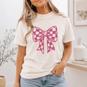 Comfort Colors checkered bow t-shirt, cute graphic tee, trendy bow shirt, aesthetic gift for her, soft vintage style, casual everyday top image 1