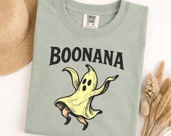 Maglietta con banana fantasma Comfort Colors, maglietta con grafica divertente a forma di banana, maglietta Boonana, simpatica maglietta spettrale di Halloween, maglietta morbida unisex, maglietta regalo