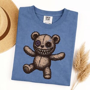 Comfort Colors Creepy Teddy Bear Sweatshirt, Horror Plushie Design, Weirdcore Gothic Pullover, Spooky Button Eye Dark Aesthetic Top