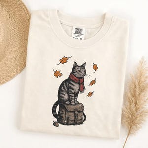 Comfort Colors Cute Autumn Cat Sweatshirt, Cozy Fall Kitty with Red Scarf, Falling Leaves Pullover, Whimsical Seasonal Cat Lover Gift image 4