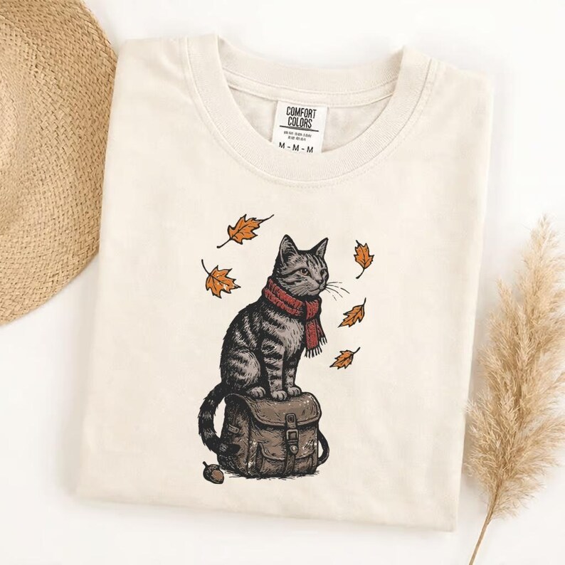 Comfort Colors Cute Autumn Cat Sweatshirt, Cozy Fall Kitty with Red Scarf, Falling Leaves Pullover, Whimsical Seasonal Cat Lover Gift image 4