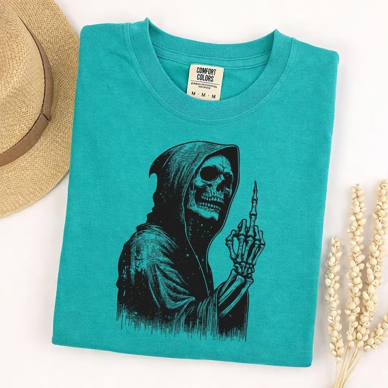 Comfort Colors Grim Reaper Middle Finger T-shirt, Skeleton Sarcastic Dark Humor Graphic Tee, Edgy Rude Funny Skull Shirt image 7