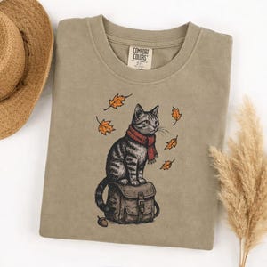 Comfort Colors Cute Autumn Cat Sweatshirt, Cozy Fall Kitty with Red Scarf, Falling Leaves Pullover, Whimsical Seasonal Cat Lover Gift image 6