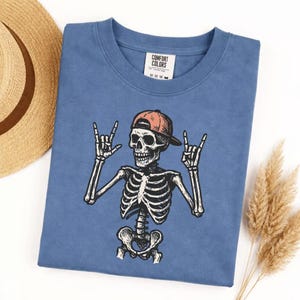 Comfort Colors Rock And Roll Skeleton T-Shirt, Skeleton Hand Rock On Tee, Rocker Skull Cap Shirt, Music Lover Gift, Halloween Concert Tee image 5