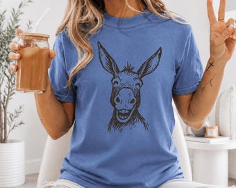Comfort Colors Funny Smiling Donkey Face T-Shirt Cute Grinning Farm Animal Unisex Gift Tee