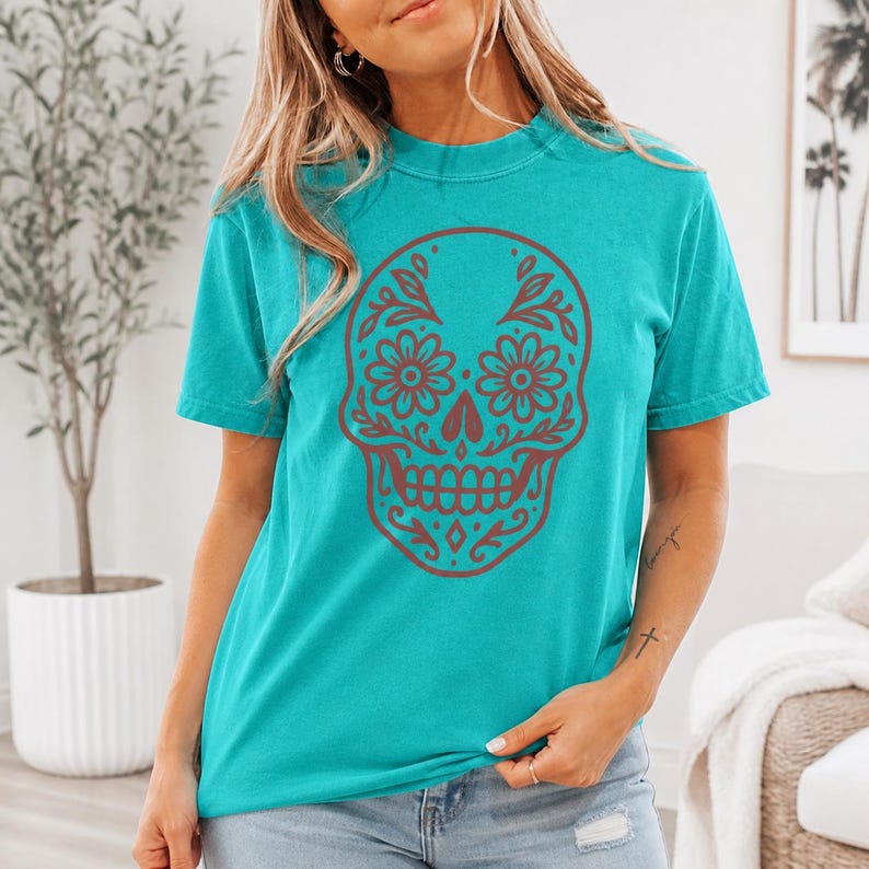 Comfort Colors Sugar Skull T-Shirt, Dia de los Muertos Floral Skull Tee, Day of the Dead Calavera Graphic Shirt, Mexican Fiesta Gift image 1