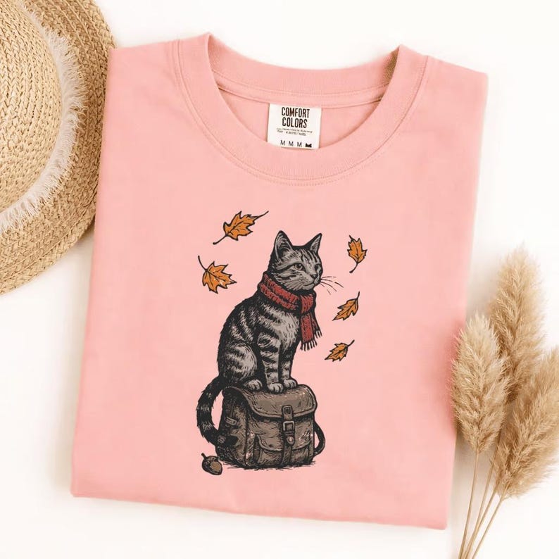 Comfort Colors Cute Autumn Cat Sweatshirt, Cozy Fall Kitty with Red Scarf, Falling Leaves Pullover, Whimsical Seasonal Cat Lover Gift image 7