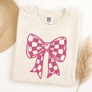 Comfort Colors checkered bow t-shirt, cute graphic tee, trendy bow shirt, aesthetic gift for her, soft vintage style, casual everyday top image 1