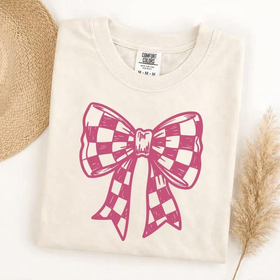 Comfort Colors checkered bow t-shirt, cute graphic tee, trendy bow shirt, aesthetic gift for her, soft vintage style, casual everyday top