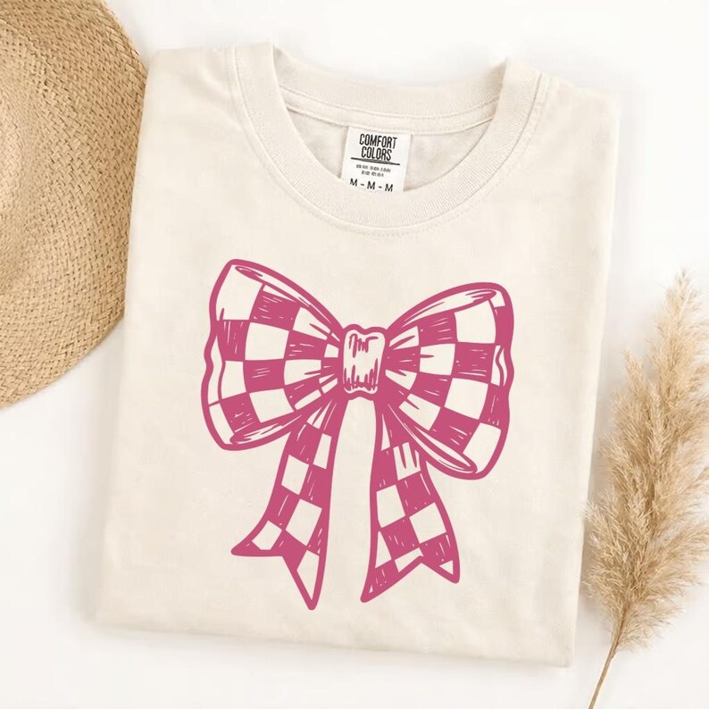Comfort Colors checkered bow t-shirt, cute graphic tee, trendy bow shirt, aesthetic gift for her, soft vintage style, casual everyday top image 1