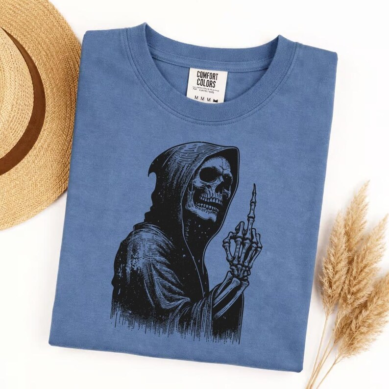 Comfort Colors Grim Reaper Middle Finger T-shirt, Skeleton Sarcastic Dark Humor Graphic Tee, Edgy Rude Funny Skull Shirt image 5