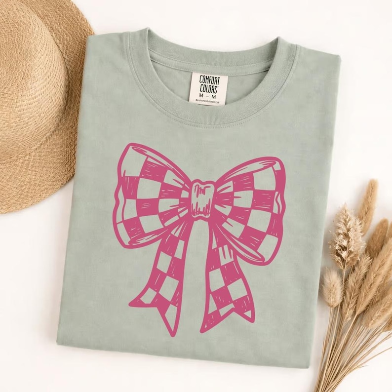 Comfort Colors checkered bow t-shirt, cute graphic tee, trendy bow shirt, aesthetic gift for her, soft vintage style, casual everyday top image 9