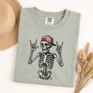 Comfort Colors Rock And Roll Skeleton T-Shirt, Skeleton Hand Rock On Tee, Rocker Skull Cap Shirt, Music Lover Gift, Halloween Concert Tee image 7