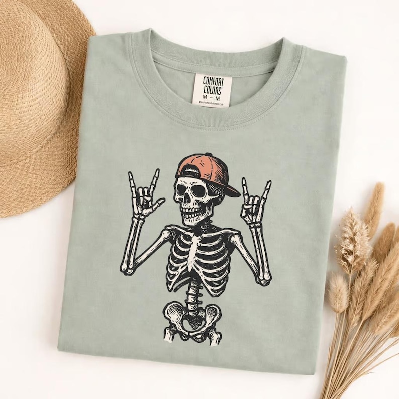 Comfort Colors Rock And Roll Skeleton T-Shirt, Skeleton Hand Rock On Tee, Rocker Skull Cap Shirt, Music Lover Gift, Halloween Concert Tee image 7