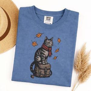 Comfort Colors Cute Autumn Cat Sweatshirt, Cozy Fall Kitty with Red Scarf, Falling Leaves Pullover, Whimsical Seasonal Cat Lover Gift image 5