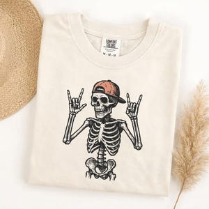 Comfort Colors Rock And Roll Skeleton T-Shirt, Skeleton Hand Rock On Tee, Rocker Skull Cap Shirt, Music Lover Gift, Halloween Concert Tee image 4