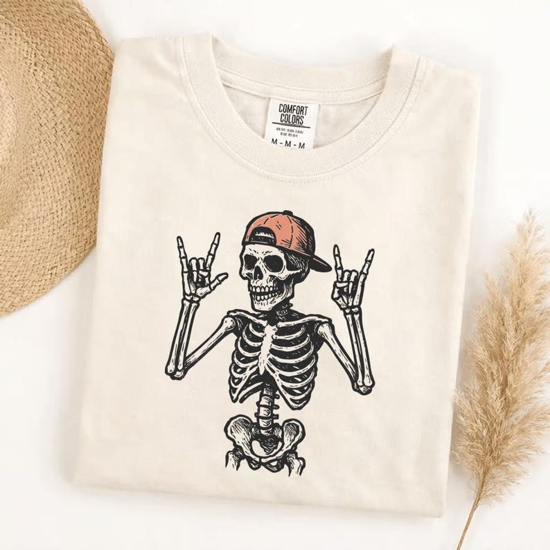 Comfort Colors Rock And Roll Skeleton T-Shirt, Skeleton Hand Rock On Tee, Rocker Skull Cap Shirt, Music Lover Gift, Halloween Concert Tee image 4