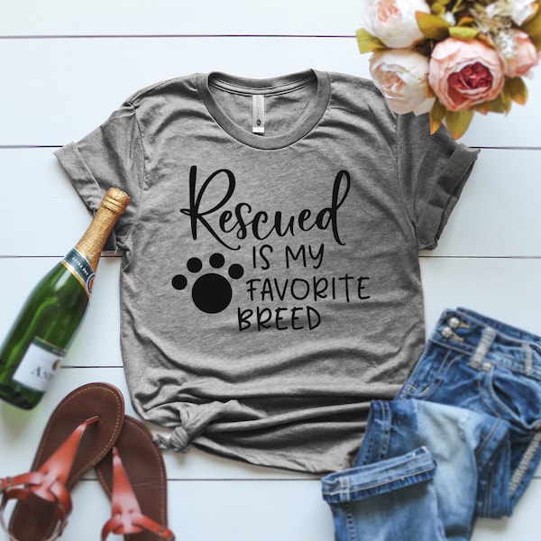 Rescued is my favorite breed t-shirt, Animal Lover T-Shirt, Cute Rescue Cat T-Shirt, Funny Rescue Cat T Shirt, Funny Workout Tshirt, Cat Mom