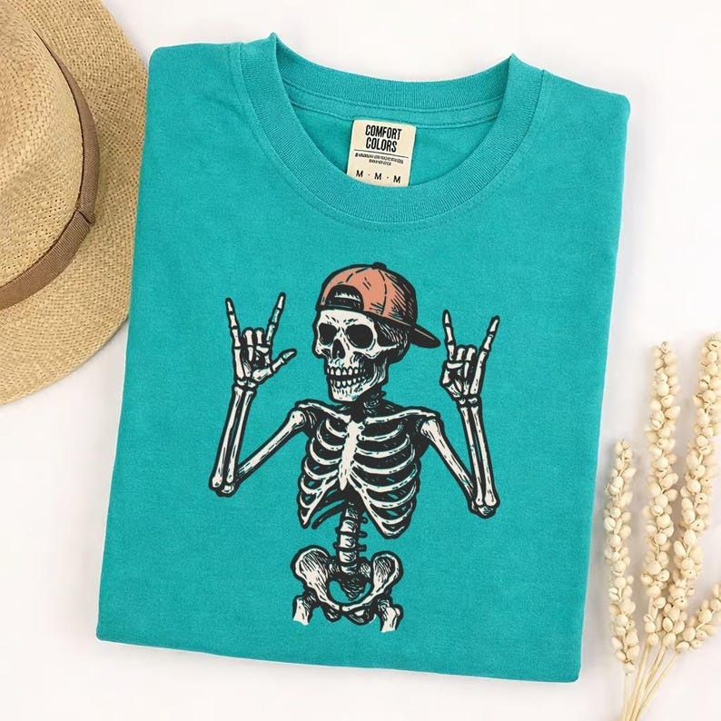 Comfort Colors Rock And Roll Skeleton T-Shirt, Skeleton Hand Rock On Tee, Rocker Skull Cap Shirt, Music Lover Gift, Halloween Concert Tee image 1