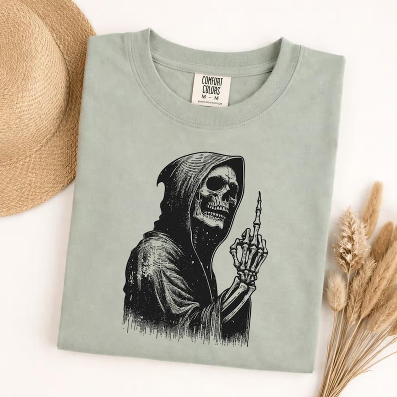 Comfort Colors Grim Reaper Middle Finger T-shirt, Skeleton Sarcastic Dark Humor Graphic Tee, Edgy Rude Funny Skull Shirt image 4