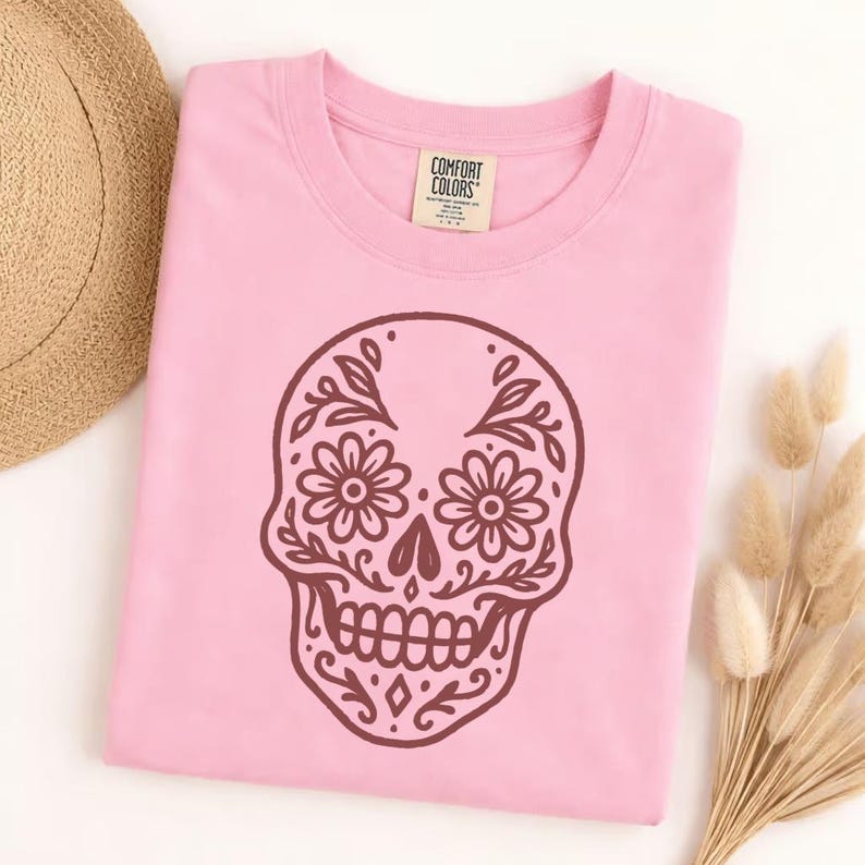 Comfort Colors Sugar Skull T-Shirt, Dia de los Muertos Floral Skull Tee, Day of the Dead Calavera Graphic Shirt, Mexican Fiesta Gift image 6